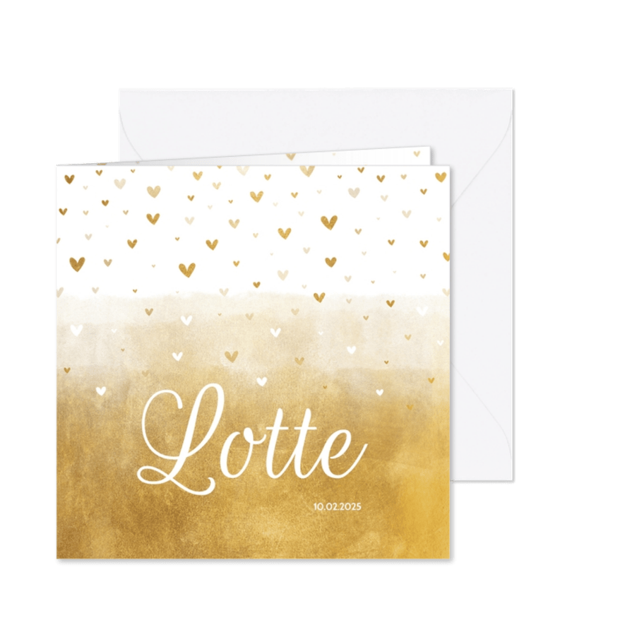 Danksagung Geburt Goldoptik Herzen und Foto innen - Karteneindruck