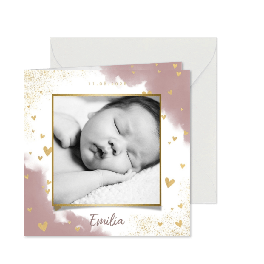 Danksagung Geburt in Aquarelloptik mit Foto & Herzen - Karteneindruck