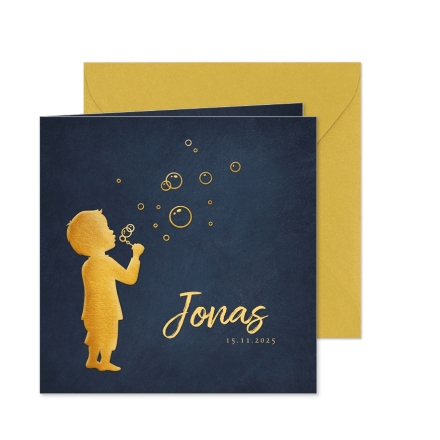 Danksagung Geburt Junge Silhouette mit Seifenblasen - Karteneindruck