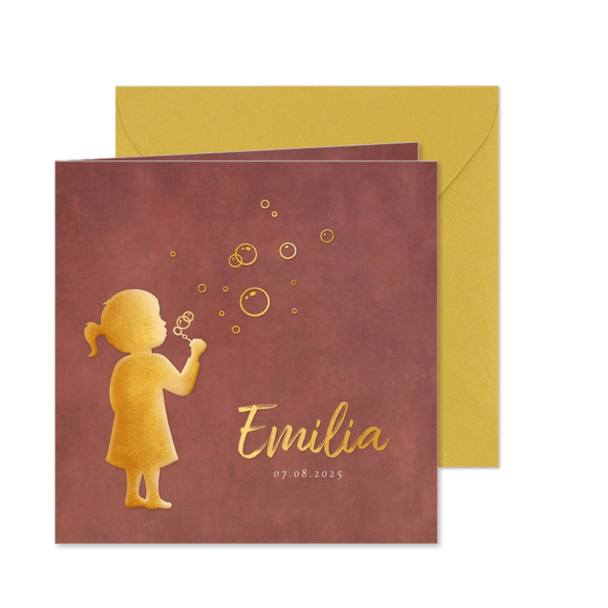 Danksagung Geburt Mädchen Silhouette mit Seifenblasen - Karteneindruck