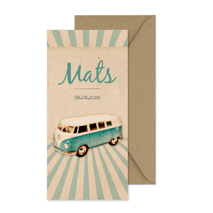 Danksagung Geburt mit Bulli blau und Foto Rückseite - Karteneindruck