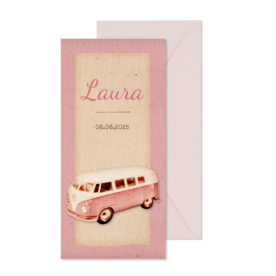 Danksagung Geburt mit Bulli rosa und Foto Rückseite - Karteneindruck
