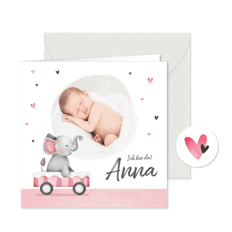 Danksagung Geburt mit eigenem Foto & Elefant - Karteneindruck