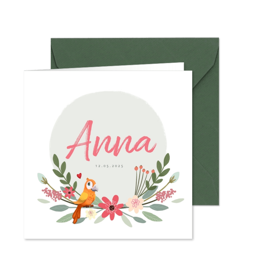 Danksagung Geburt Papagei in Blumenkranz Foto innen - Karteneindruck