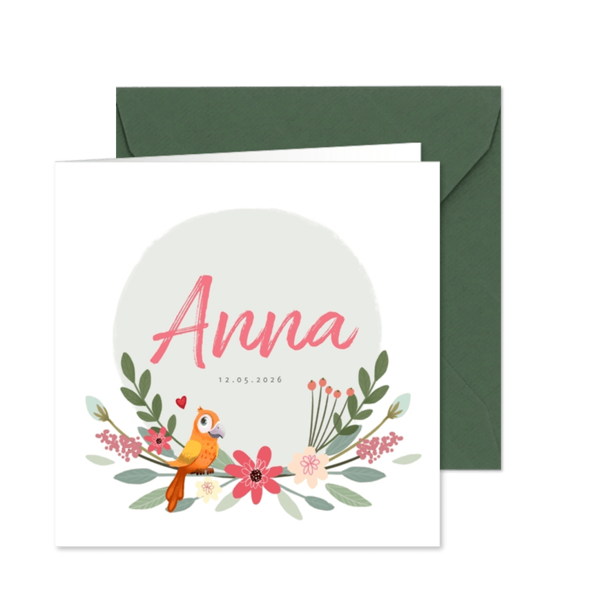 Danksagung Geburt Papagei in Blumenkranz Foto innen - Karteneindruck
