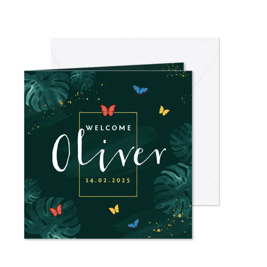 Danksagung Geburt tropisch mit Schmetterlingen & Foto innen - Karteneindruck
