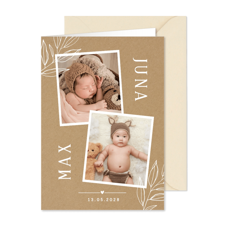 Danksagung Geburt Zwillinge, Naturtöne & eigene Fotos - Karteneindruck
