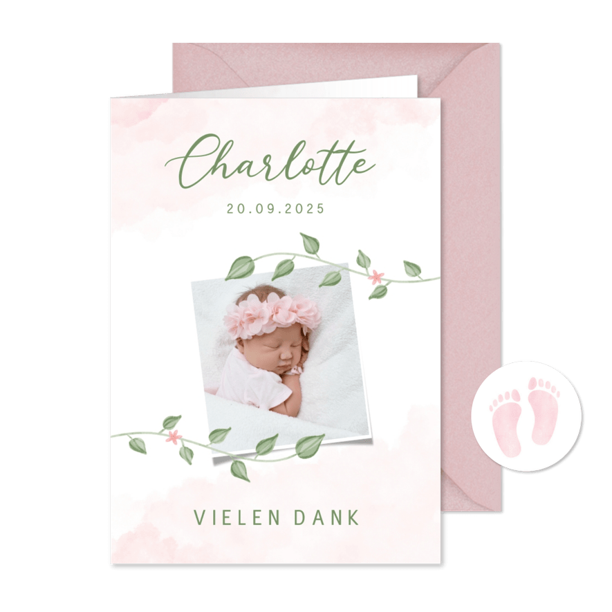 Danksagung Geburtskarte Foto Blumenranken - Karteneindruck