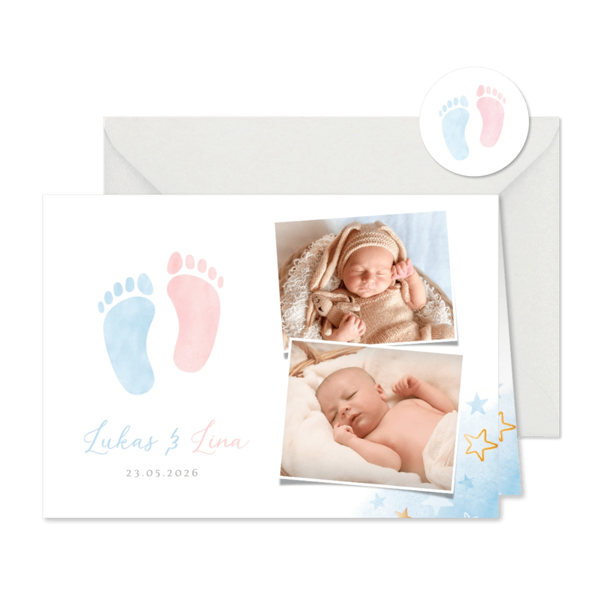 Danksagung Geburtskarte Zwilling blau-rosa Füßchen - Karteneindruck