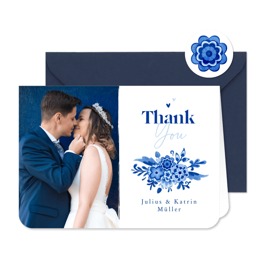 Danksagung Hochzeit Delfter Blau Foto & Blumendekor - Karteneindruck
