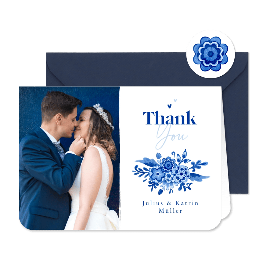 Danksagung Hochzeit Delfter Blau Foto & Blumendekor - Karteneindruck
