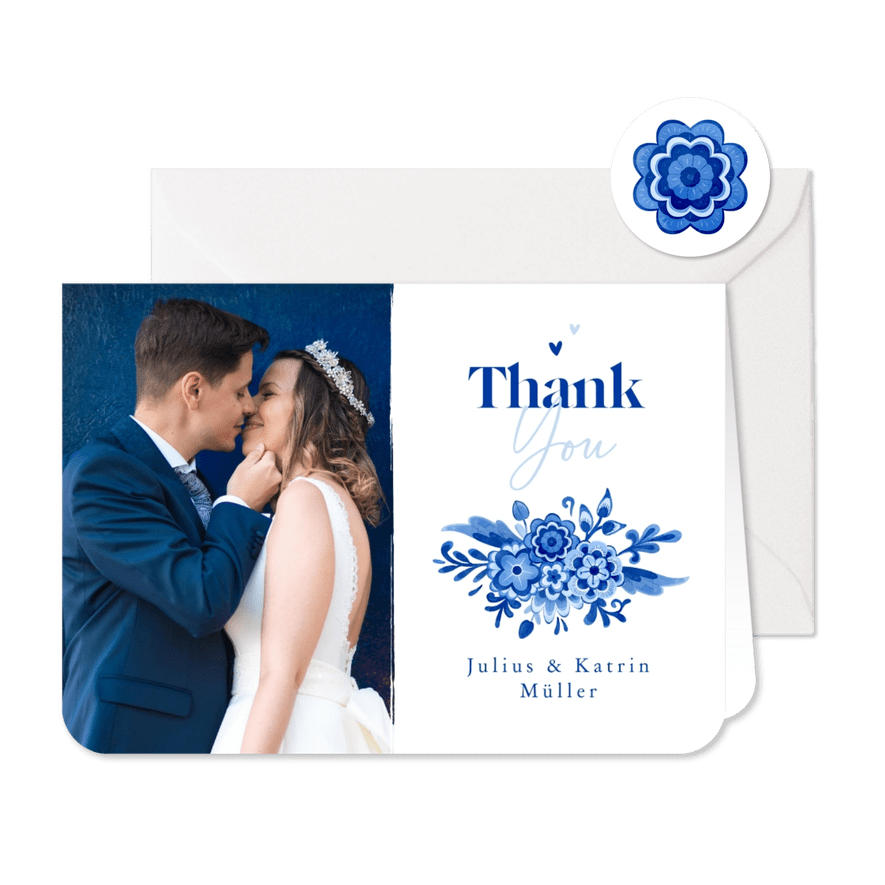 Danksagung Hochzeit Delfter Blau Foto & Blumendekor - Karteneindruck
