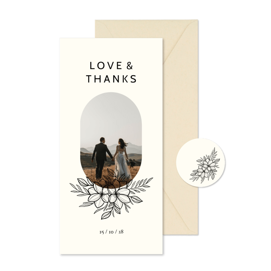 Danksagung Hochzeit Foto & schwarze Blumen - Karteneindruck