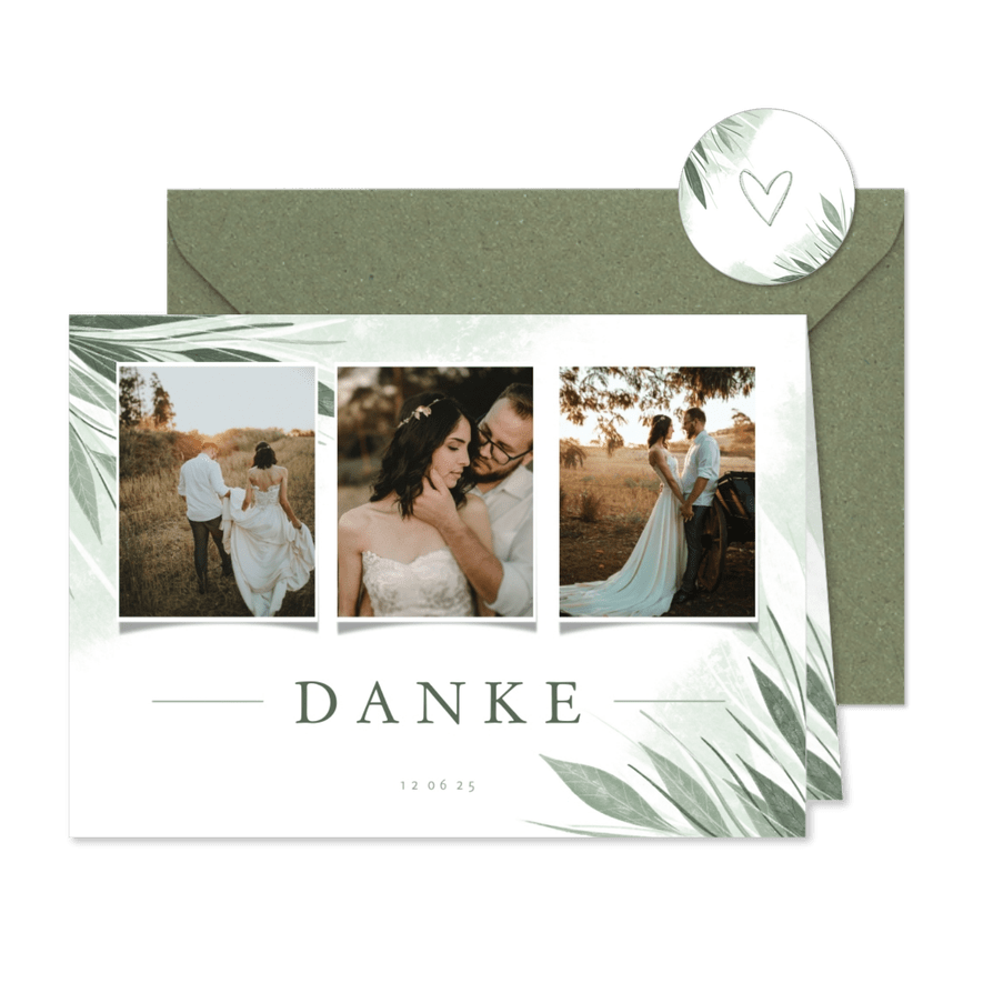 Danksagung Hochzeit Fotocollage zierliche Blätter - Karteneindruck