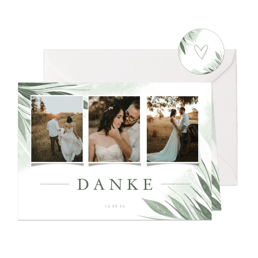 Danksagung Hochzeit Fotocollage zierliche Blätter - Karteneindruck
