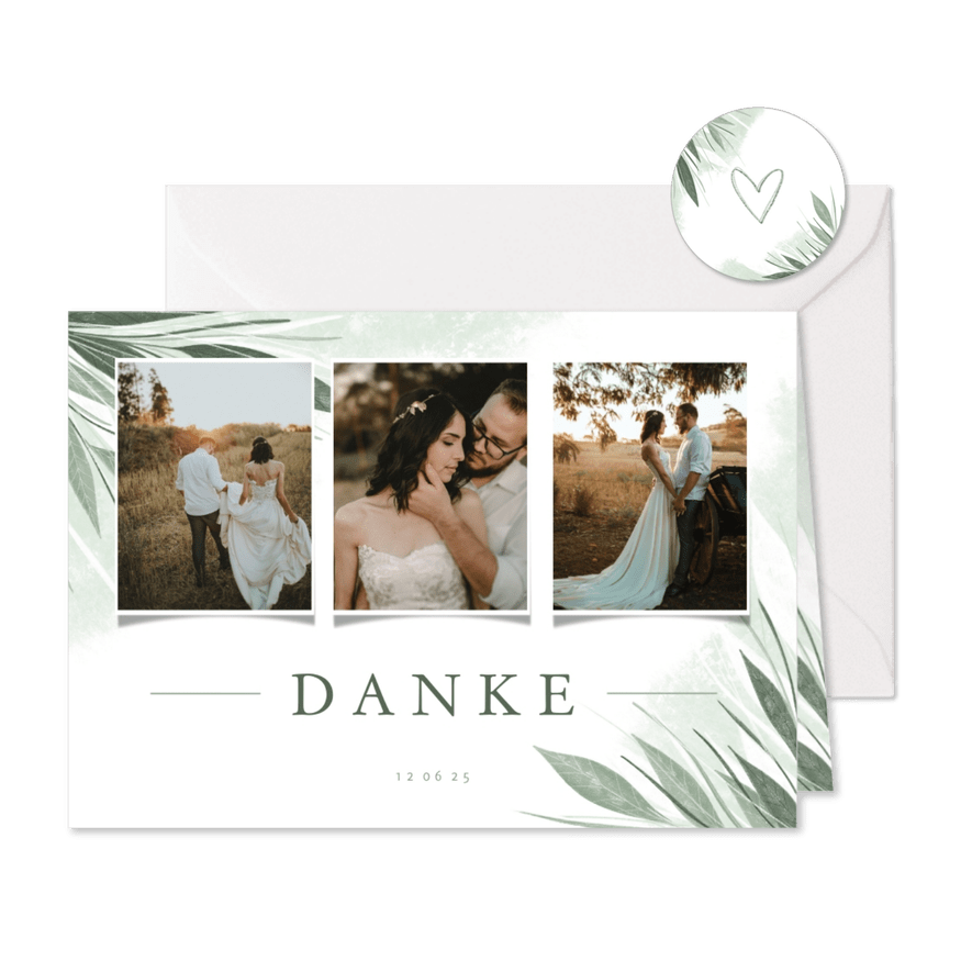 Danksagung Hochzeit Fotocollage zierliche Blätter - Karteneindruck
