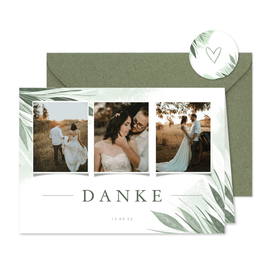 Danksagung Hochzeit Fotocollage zierliche Blätter - Kartenvorschau