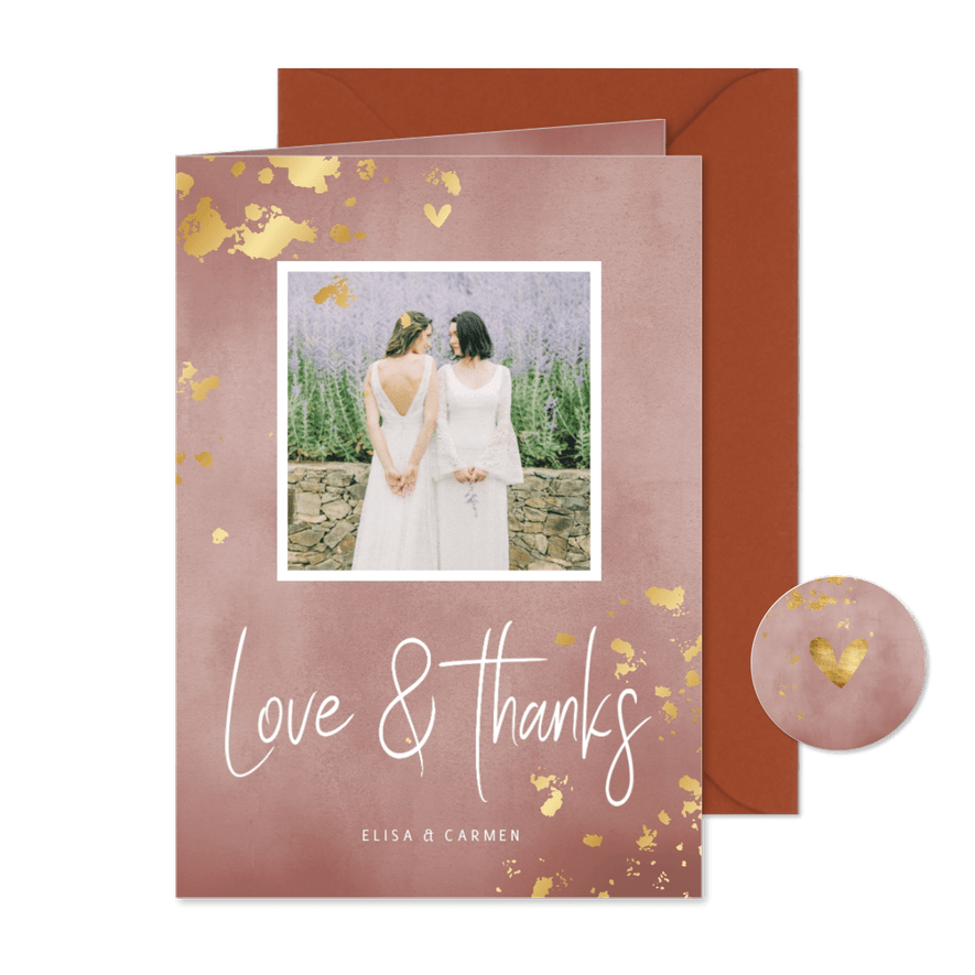 Danksagung Hochzeit 'Love & Thanks' Foto & Goldtupfen - Karteneindruck
