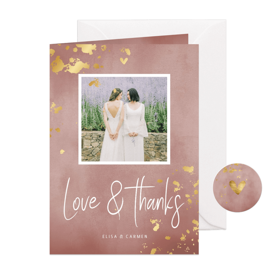 Danksagung Hochzeit 'Love & Thanks' Foto & Goldtupfen - Karteneindruck
