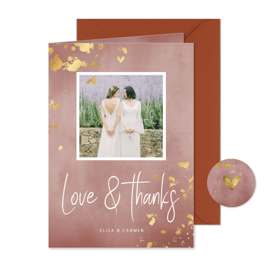 Danksagung Hochzeit 'Love & Thanks' Foto & Goldtupfen - Karteneindruck