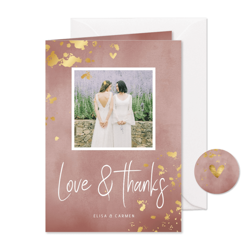 Danksagung Hochzeit 'Love & Thanks' Foto & Goldtupfen - Karteneindruck
