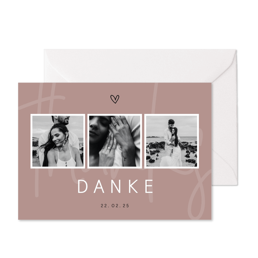 Danksagung Hochzeit minimalistisch mit Fotos und Herz - Karteneindruck
