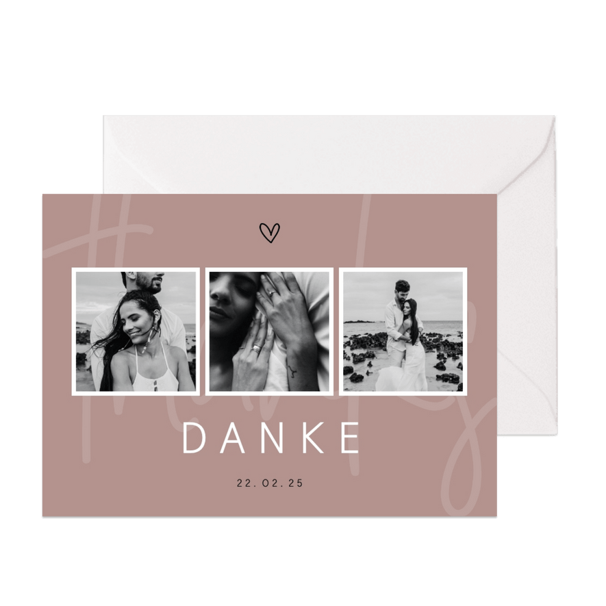 Danksagung Hochzeit minimalistisch mit Fotos und Herz - Karteneindruck
