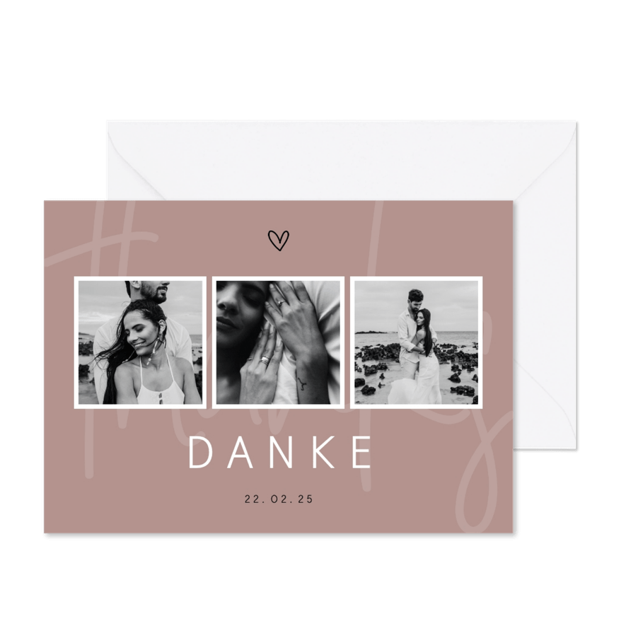 Danksagung Hochzeit minimalistisch mit Fotos und Herz - Karteneindruck