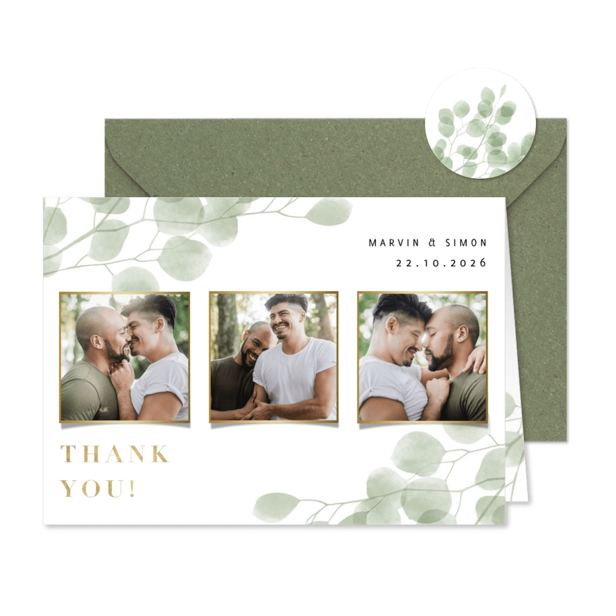 Danksagung Hochzeit mit Fotos und Eukalyptus - Karteneindruck
