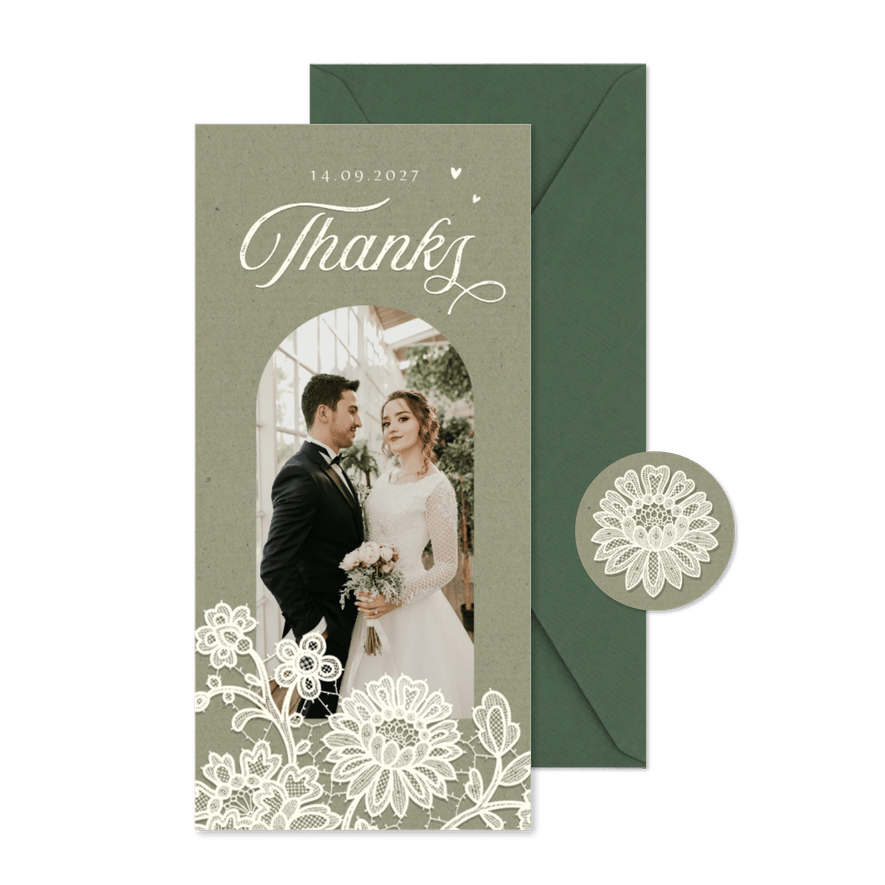 Danksagung Hochzeit romantisch Spitze olivgrün - Karteneindruck
