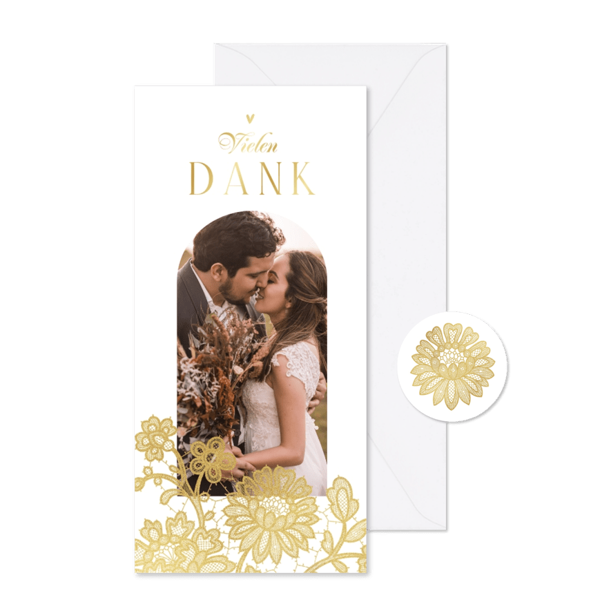 Danksagung Hochzeit Spitze, Foto & Goldakzente - Karteneindruck
