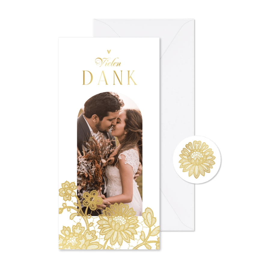 Danksagung Hochzeit Spitze, Foto & Goldakzente - Karteneindruck