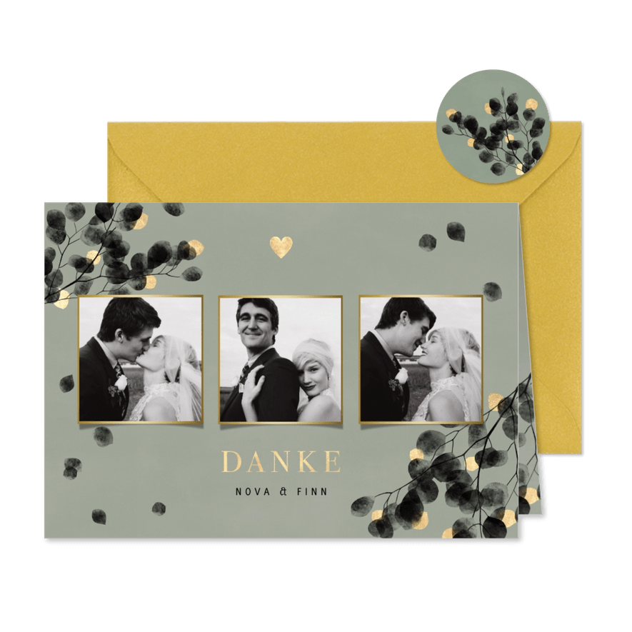 Danksagung Hochzeitsfeier Eukalyptus schwarz Fotos - Karteneindruck