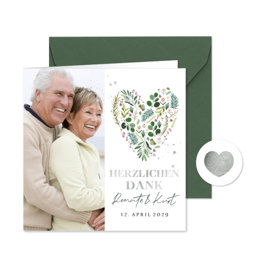 Danksagung Hochzeitsjubiläum botanisches Herz - Karteneindruck