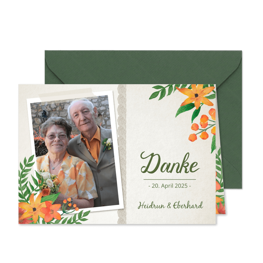 Danksagung Hochzeitsjubiläum Foto und Blumen - Karteneindruck
