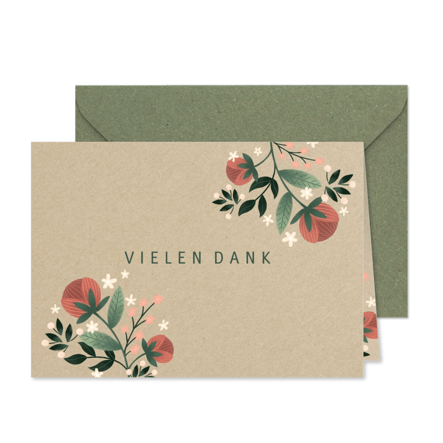 Danksagung Hochzeitstag Blumen auf Kraftpapier - Kartenvorschau