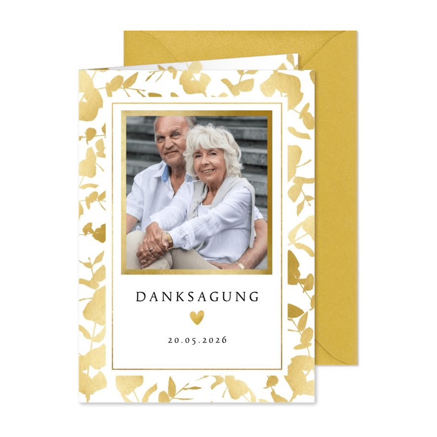 Danksagung Hochzeitstag Foto & Goldblätter - Karteneindruck
