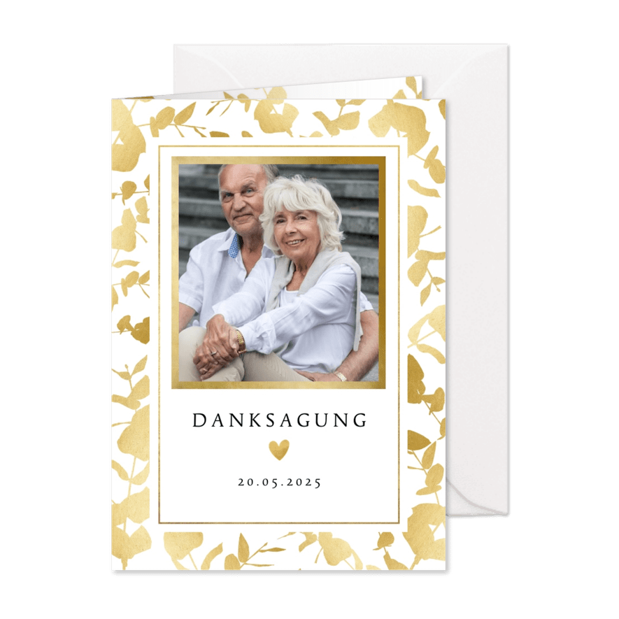 Danksagung Hochzeitstag Foto & Goldblätter - Karteneindruck
