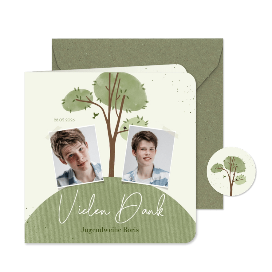 Danksagung Jugendweihe Fotokarte Baum auf Hügel - Karteneindruck
