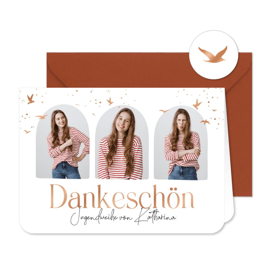 Danksagung Jugendweihe Fotoreihe und Vögel Kupfer - Karteneindruck