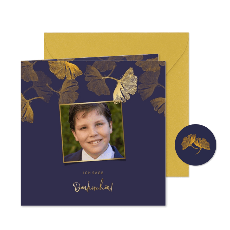 Danksagung Kommunion blau mit Foto & Ginkgoblätter Stempel - Karteneindruck
