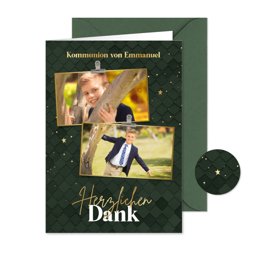 Danksagung Kommunion dunkelgrün, Fotos & Gold - Kartenvorschau
