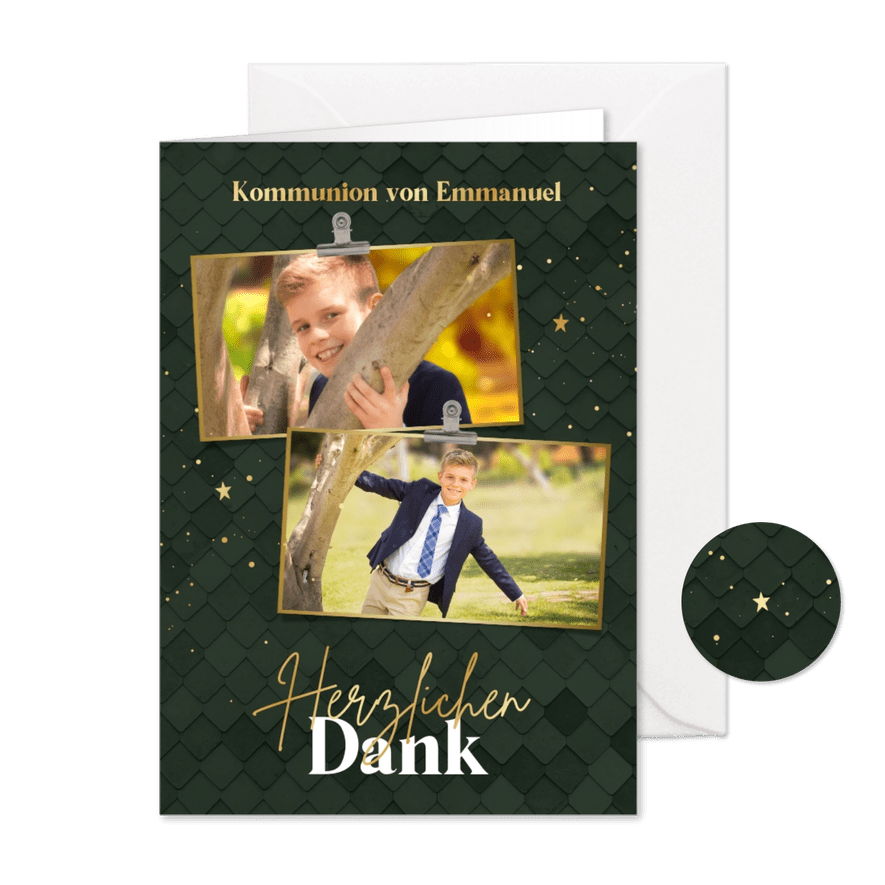 Danksagung Kommunion dunkelgrün, Fotos & Gold - Karteneindruck
