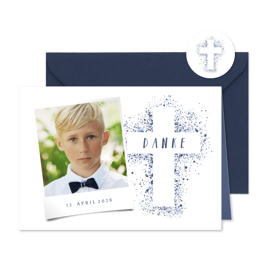 Danksagung Kommunion eigenes Foto blau Kreuz Farbspritzer - Karteneindruck
