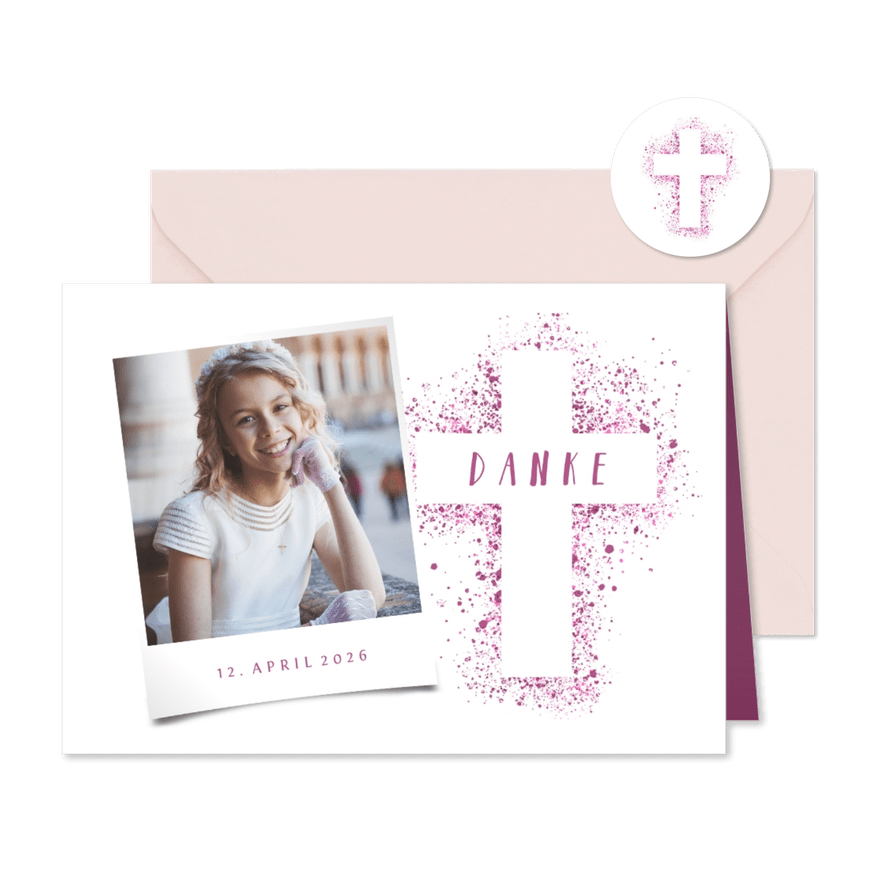 Danksagung Kommunion eigenes Foto pink Kreuz Farbspritzer - Kartenvorschau
