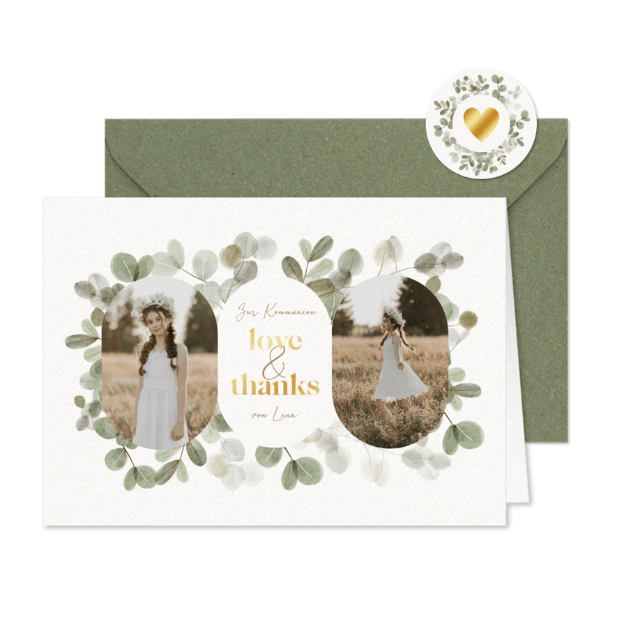 Danksagung Kommunion Eukalyptuskranz, Fotocollage & Goldlook - Karteneindruck