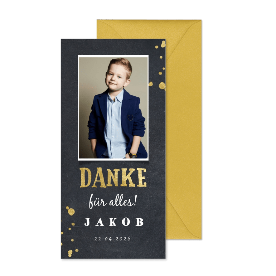 Danksagung Kommunion Foto, Kreidetafel & Goldoptik - Kartenvorschau