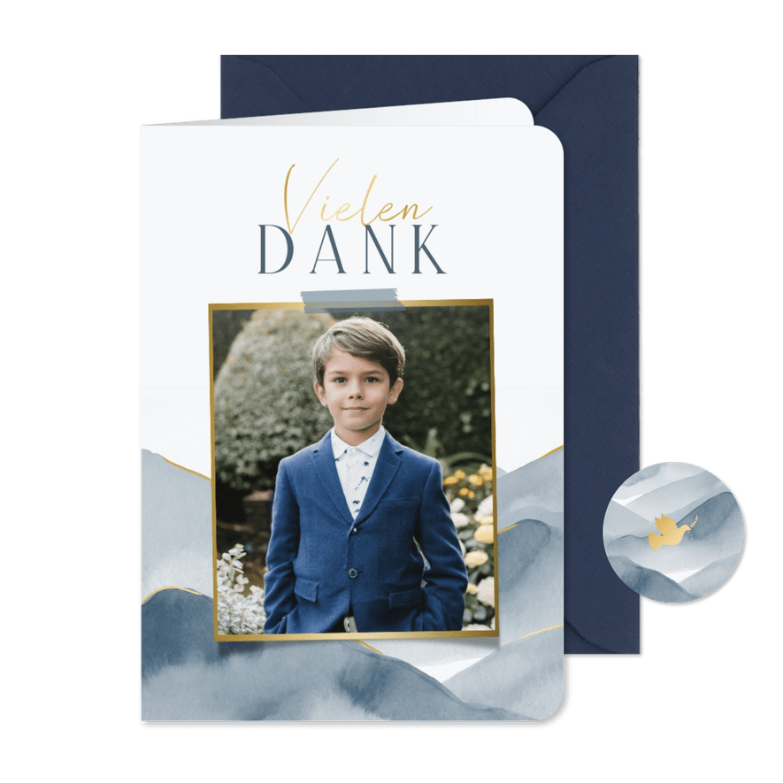 Danksagung Kommunion Foto & Berge blaues Aquarell - Karteneindruck