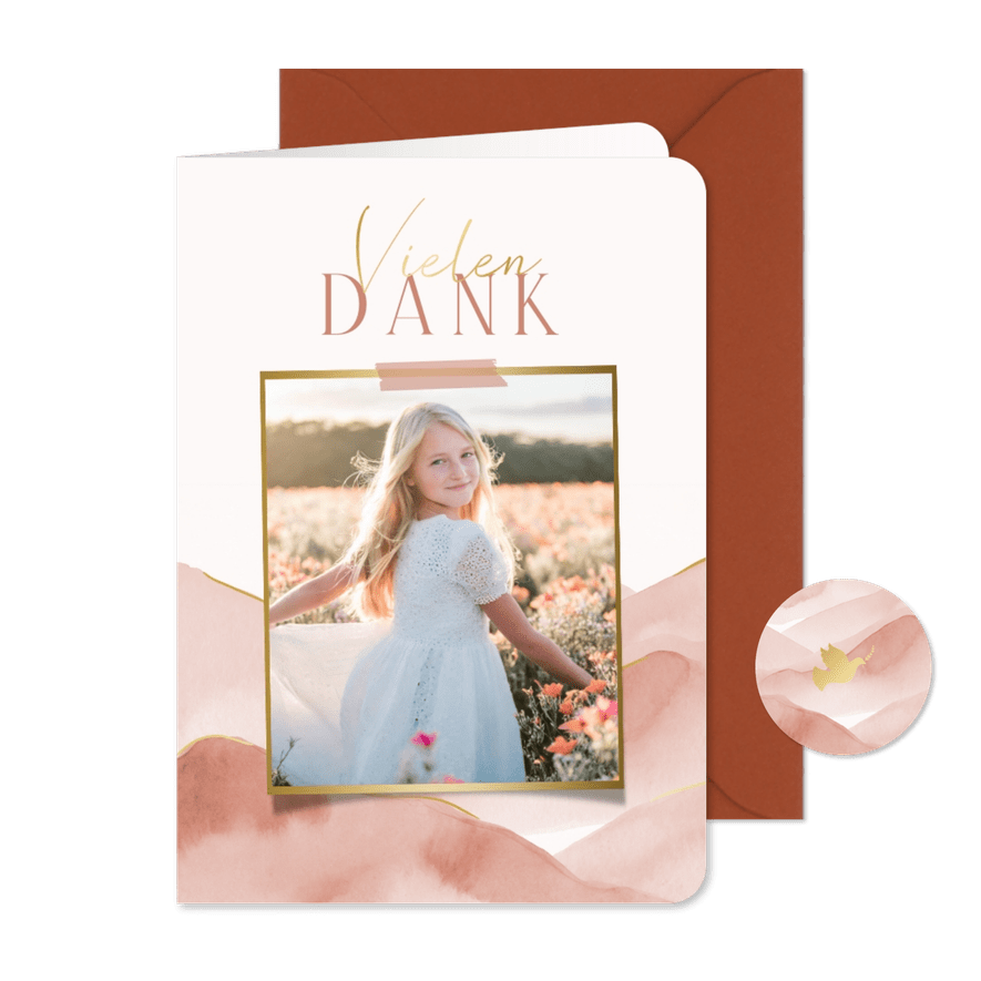 Danksagung Kommunion Foto & Berge rosa Aquarell - Karteneindruck