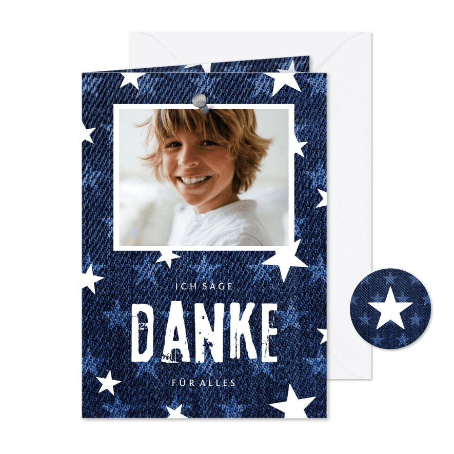 Danksagung Kommunion Foto und Sterne auf Denim - Karteneindruck